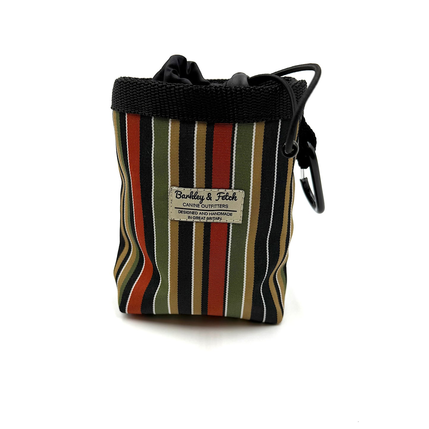 Striped pouch with drawstring and visible brand label on a white background