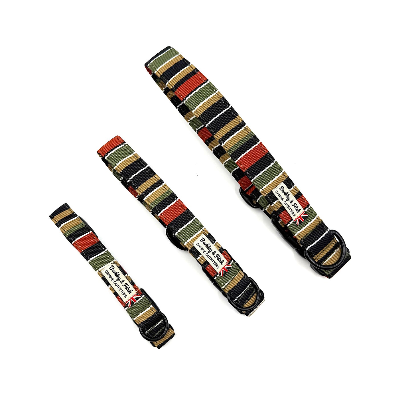 Two striped dog collars with labels on a white background