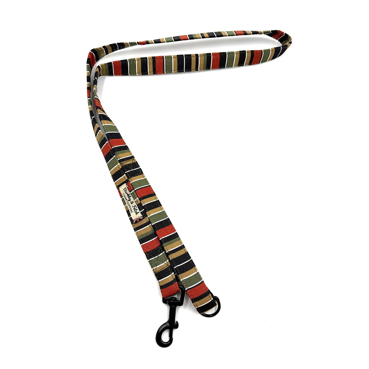 Striped dog leash with a clip on a white background