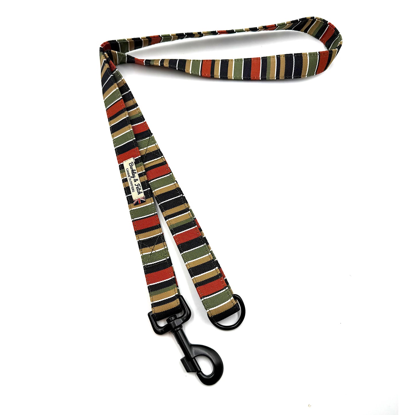 Striped dog leash with a black clip on a white background