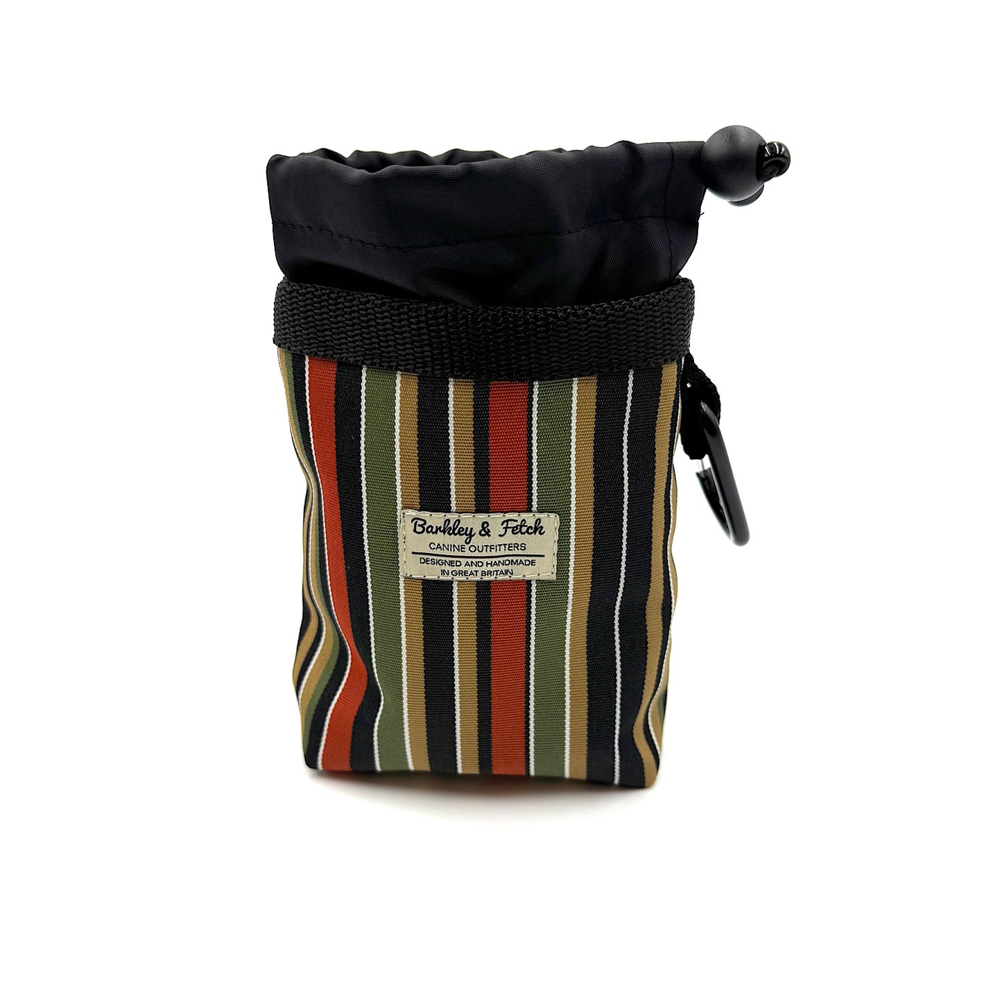 Striped drawstring pouch with a label on a white background