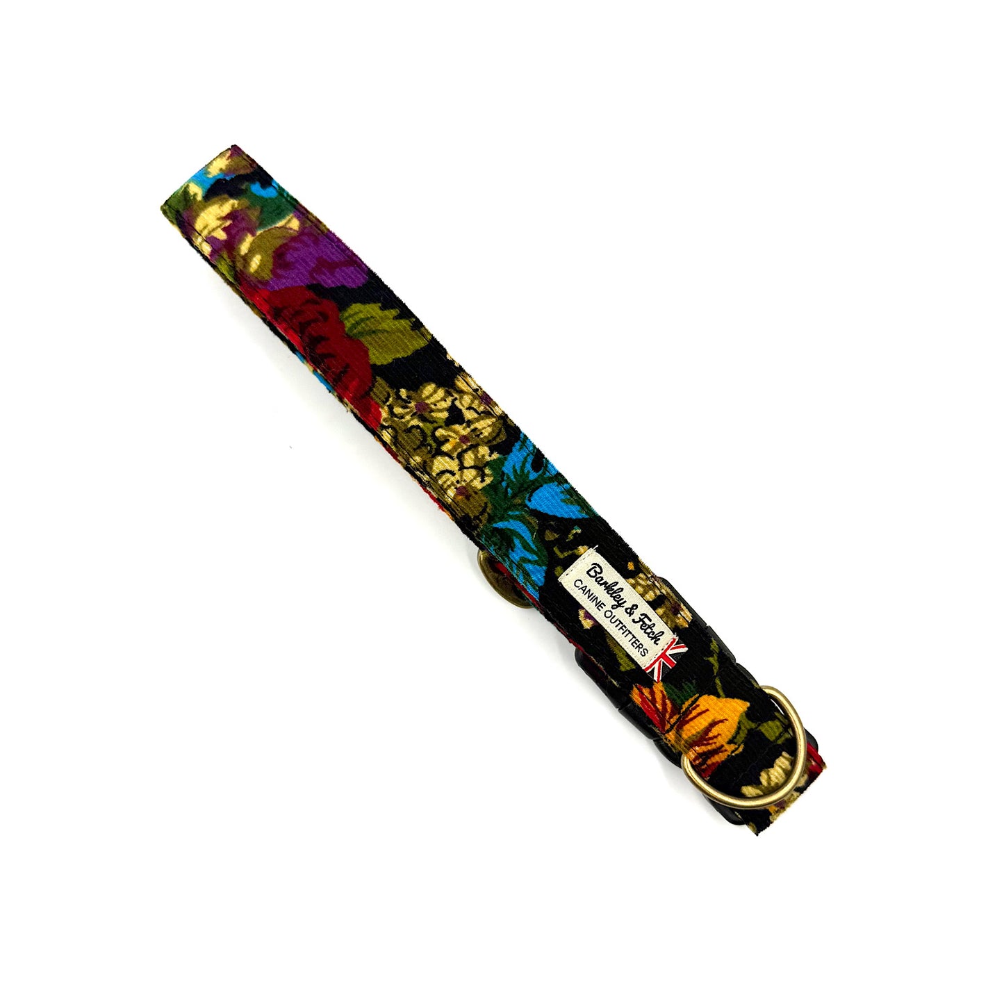 Floral-patterned dog collar with a brand label on a white background