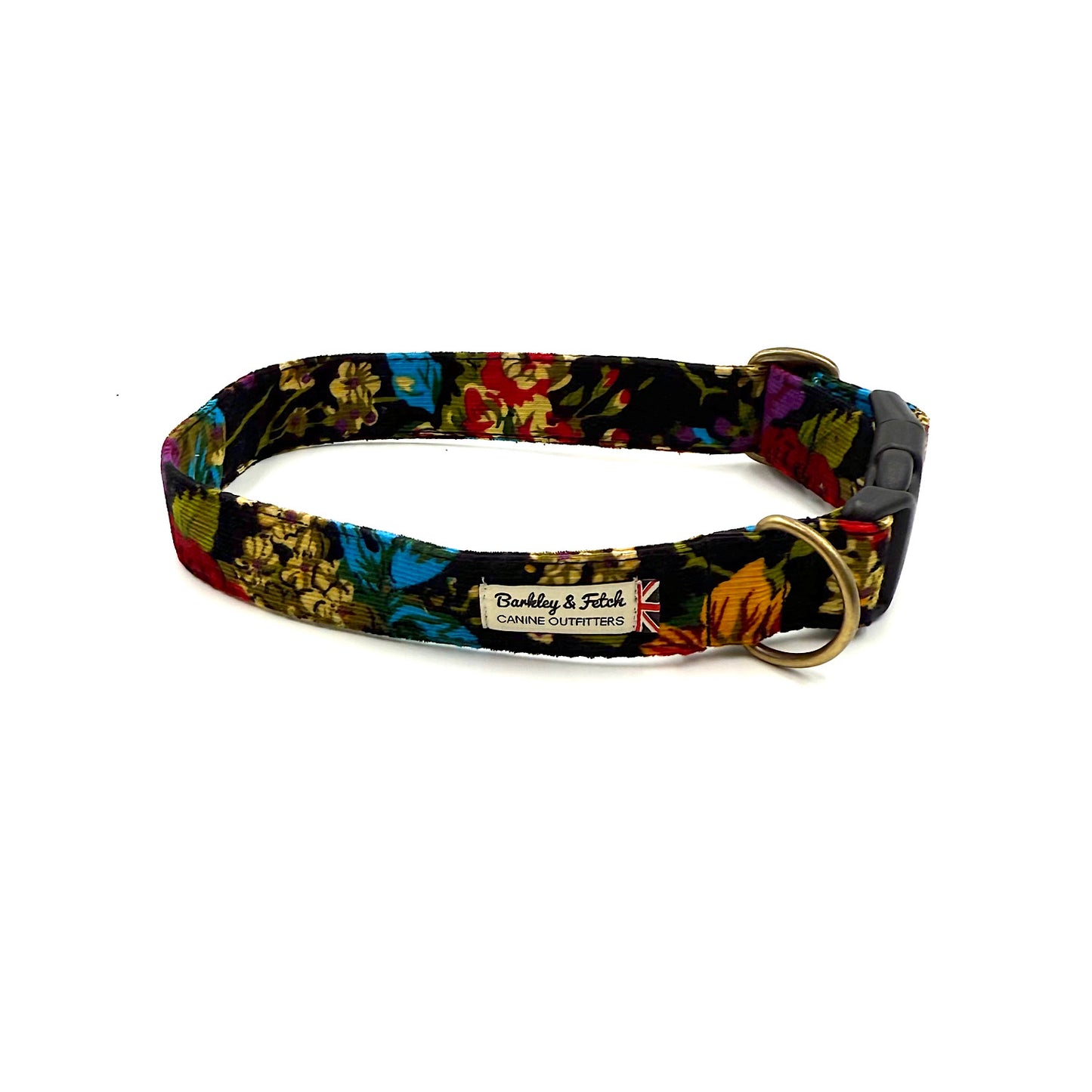 Dog collar with colorful floral pattern on a white background