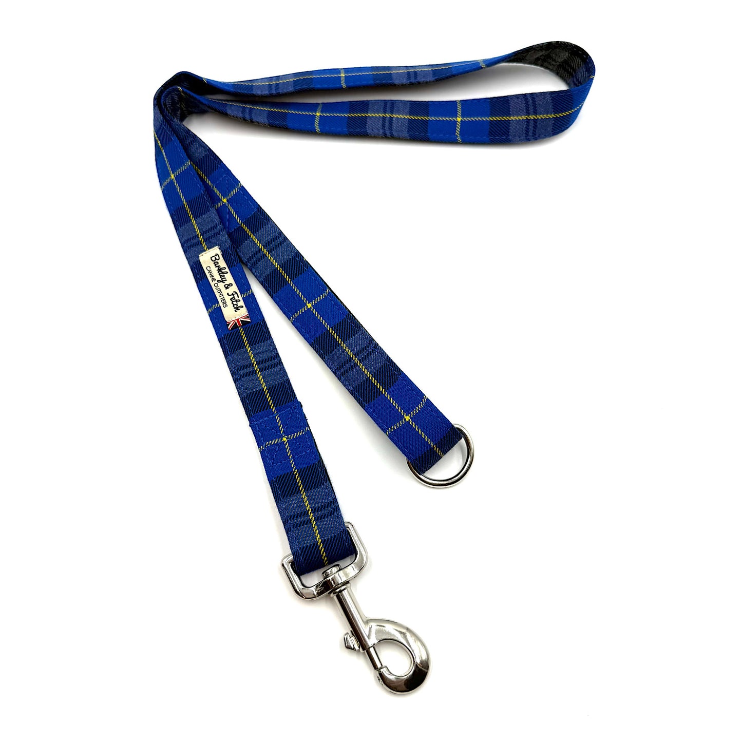 Blue plaid dog leash with metal clip on a white background