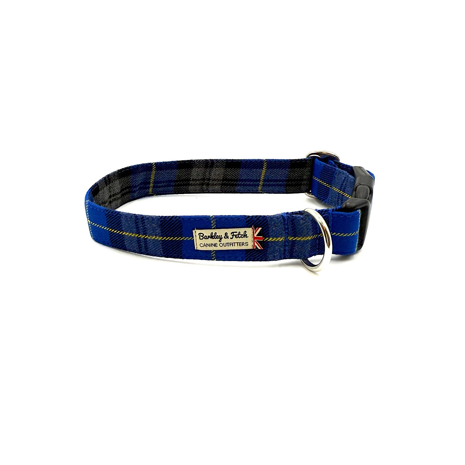 Blue plaid dog collar with a brand label on a white background handmade by barkley and fetch uk