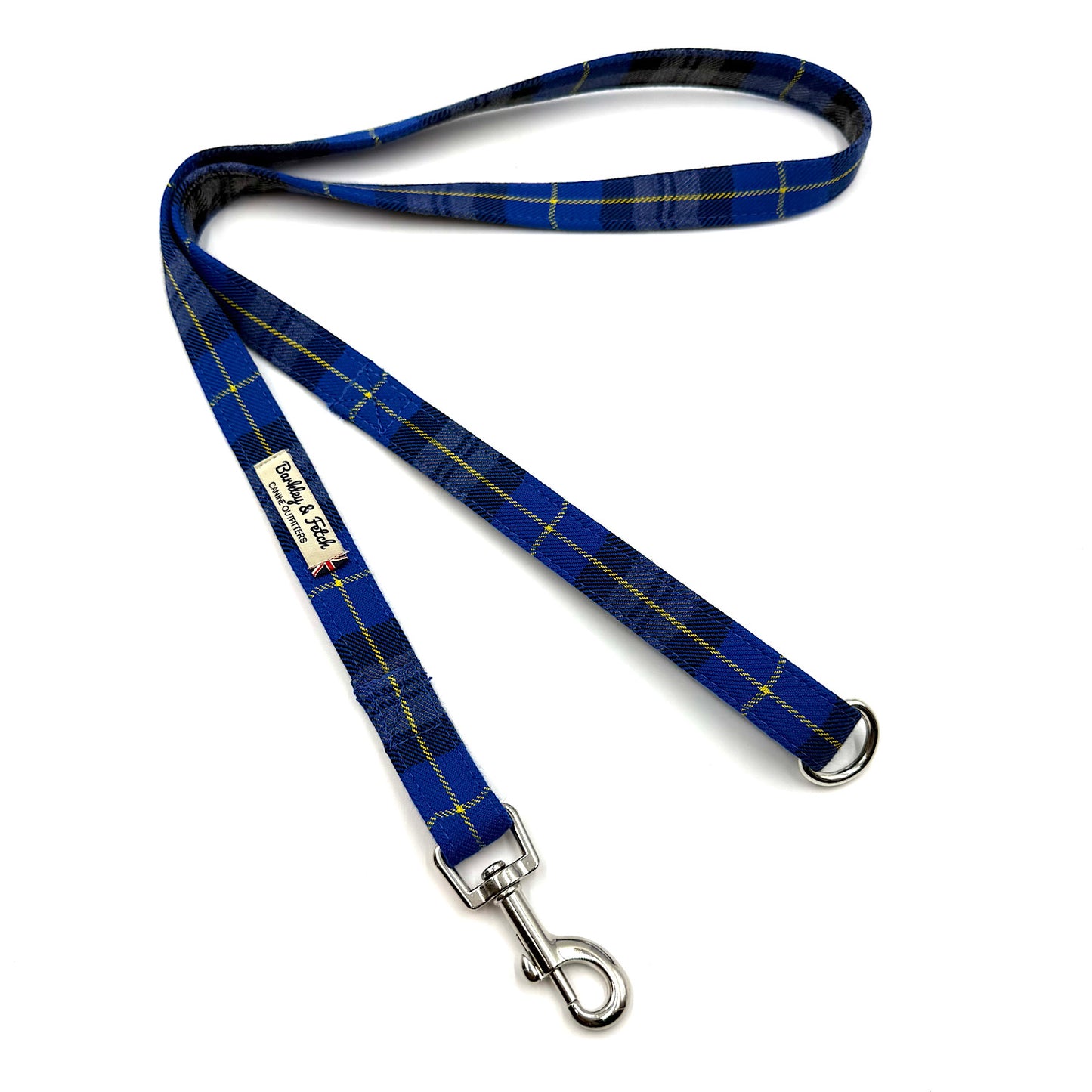 Blue plaid dog leash with metal clip on a white background