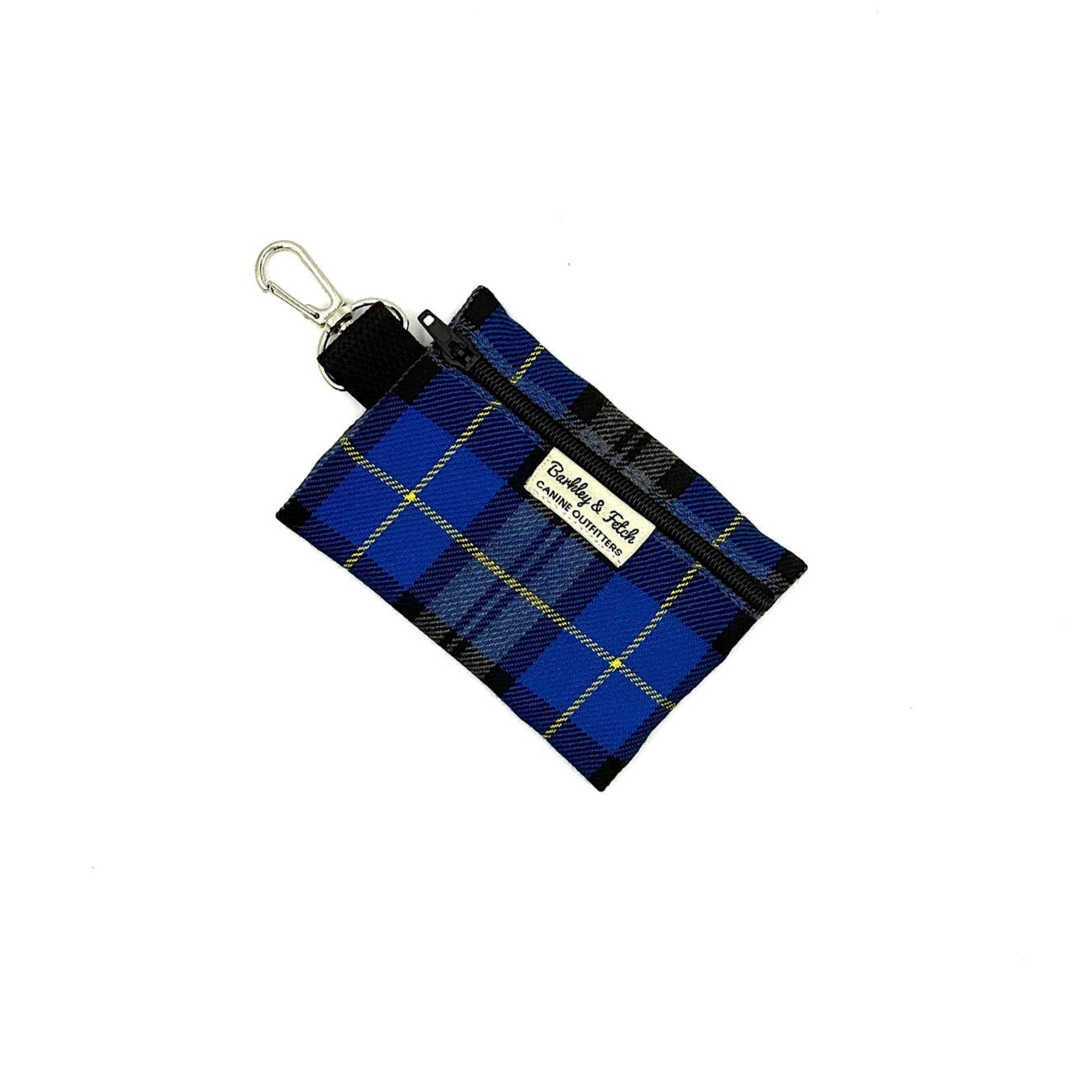 Blue plaid pouch with a key ring on a white background