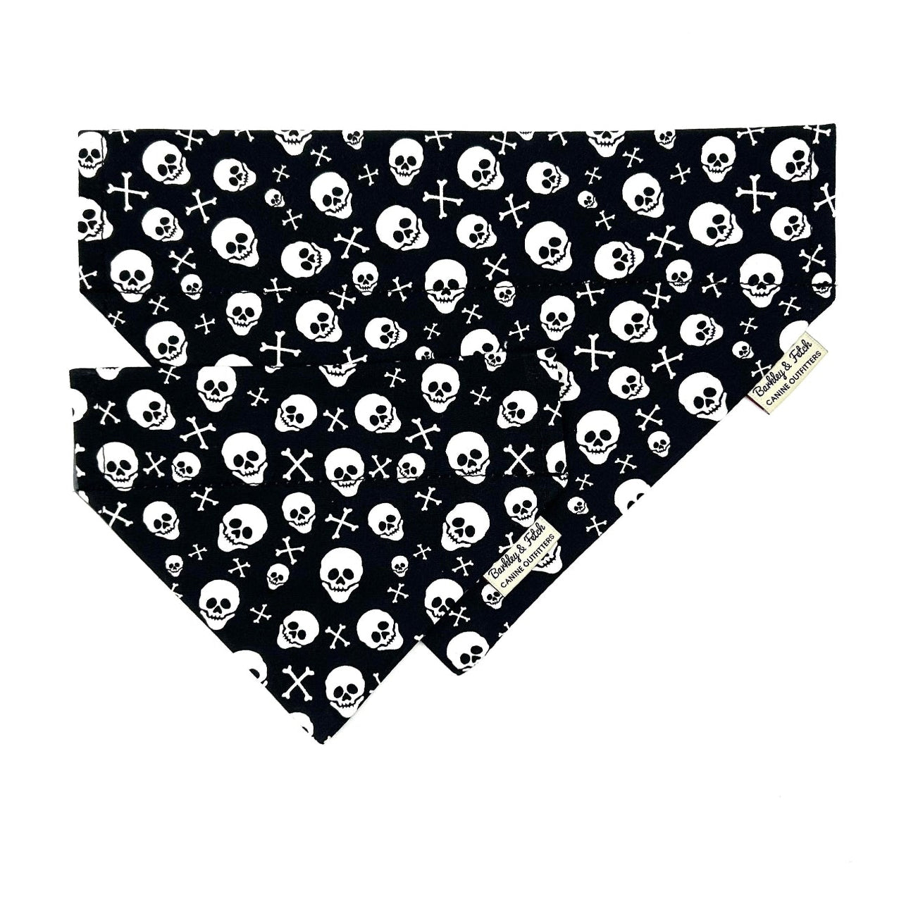 Halloween Black bandana with white skull and crossbones pattern on a white background handmade by barkley and fetch uk