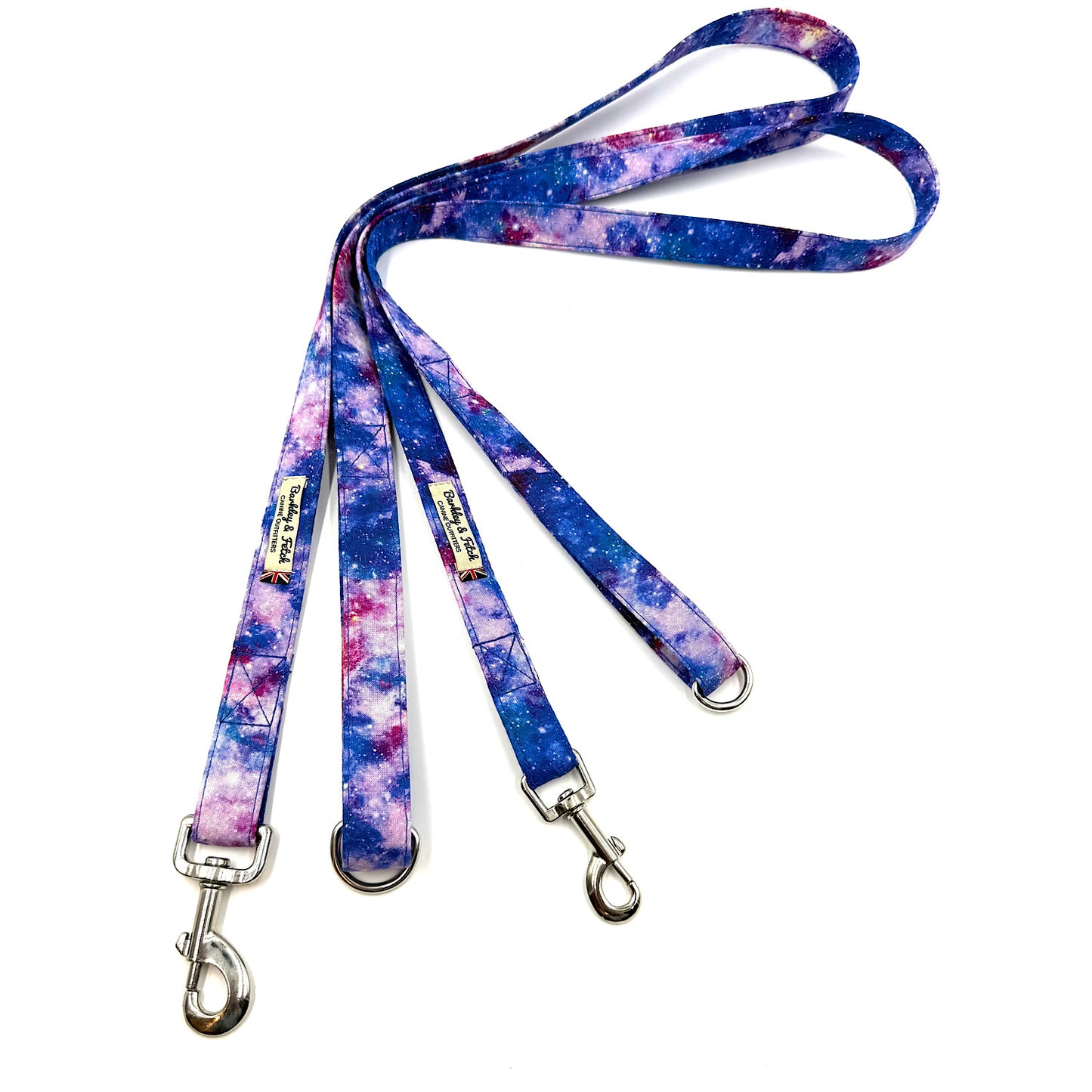 Dog leash with galaxy pattern on a white background