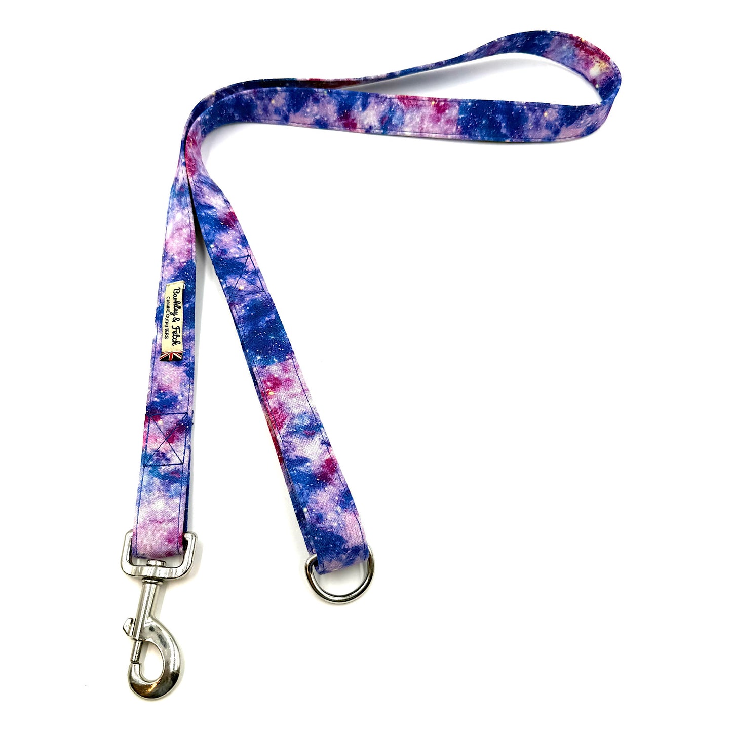 Colorful dog leash with a purple and pink tie-dye pattern on a white background