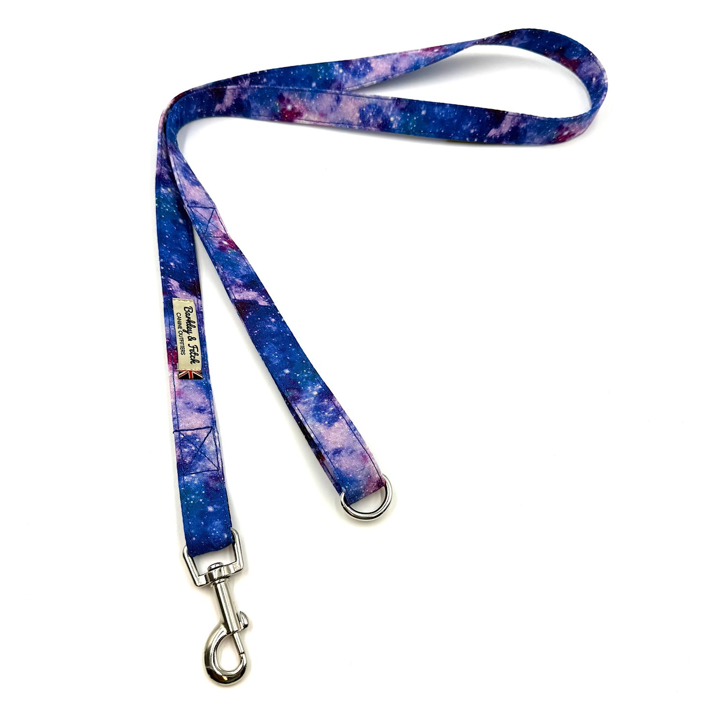 Galaxy-patterned dog leash on a white background