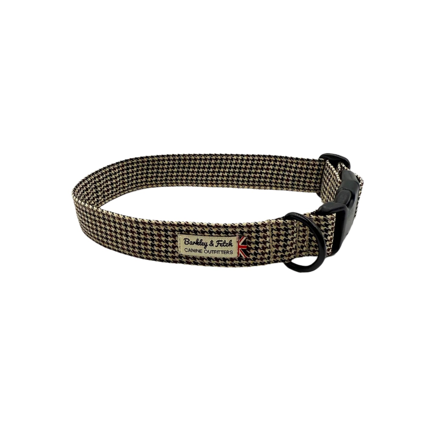 Houndstooth patterned dog collar with a visible brand label on a white background