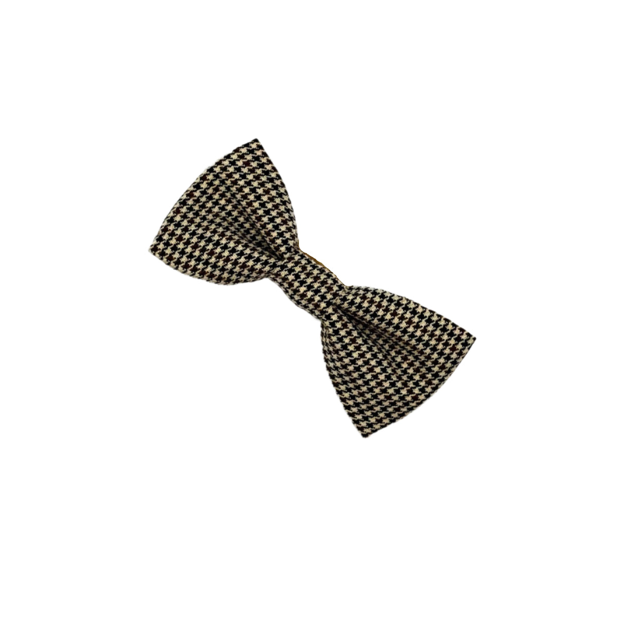 Black and gold checkered bow tie on a white background