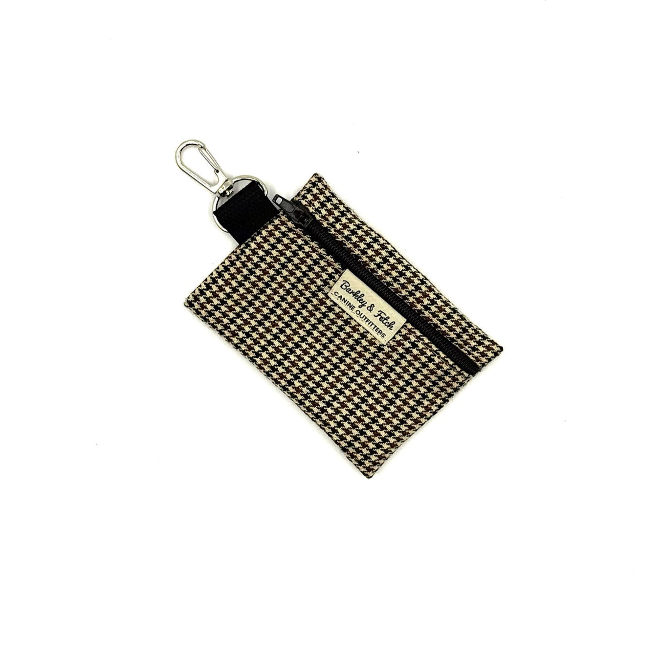 Houndstooth patterned pouch with keychain on a white background