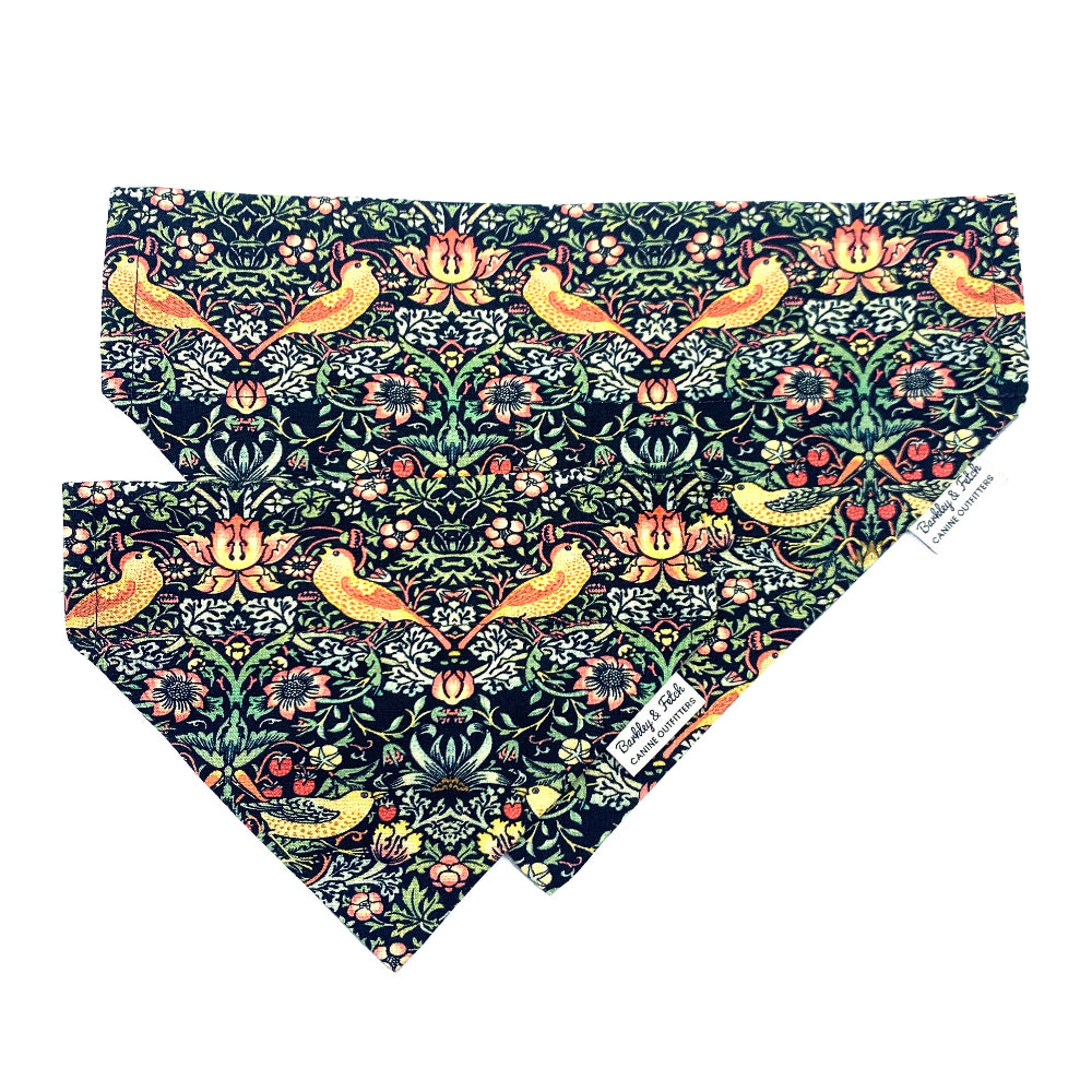 strawberry thief print barkley and fetch handmade dog bandanas on a white background