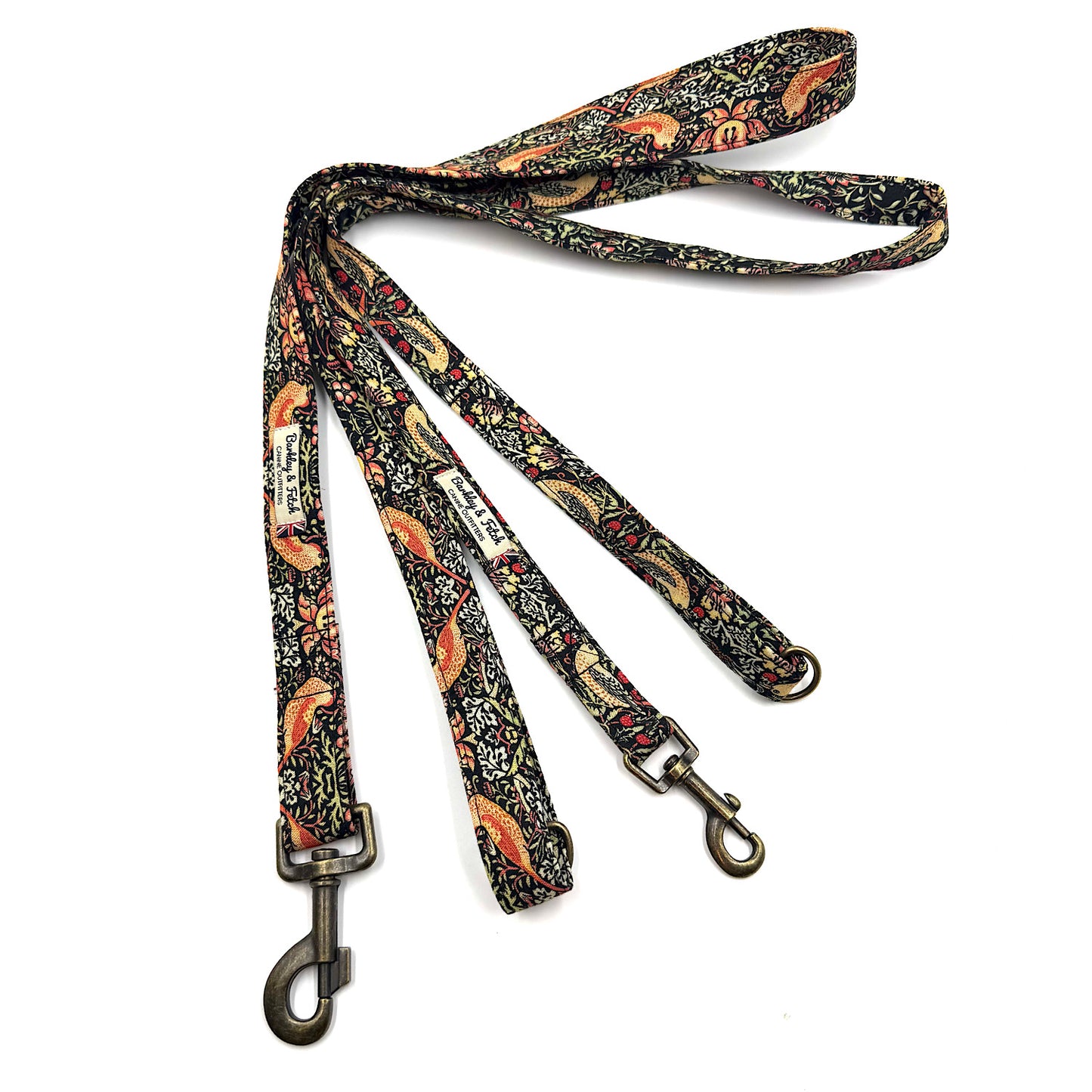 Floral patterned dog leash on a white background