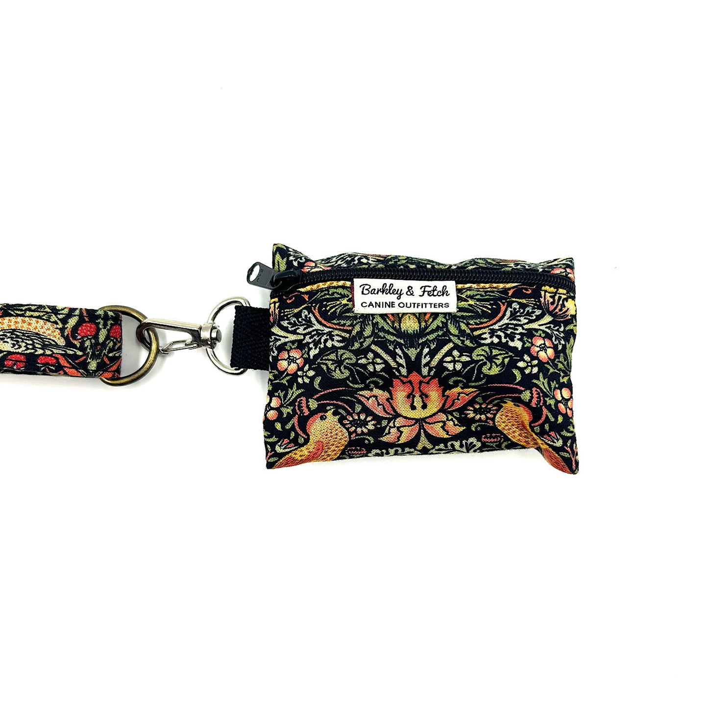 William morris strawberry thief dog poo bag holder on a white background handmade in uk by Barkley and Fetch