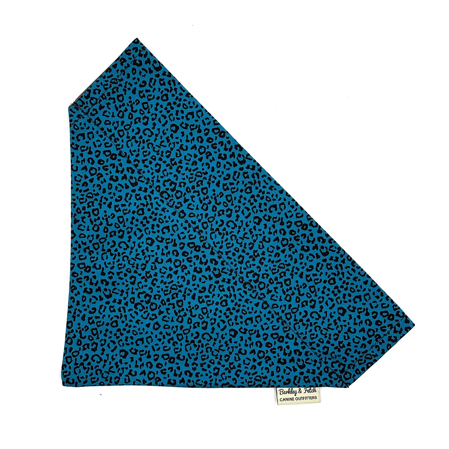 Blue dog bandana with black leopard print pattern on a white background