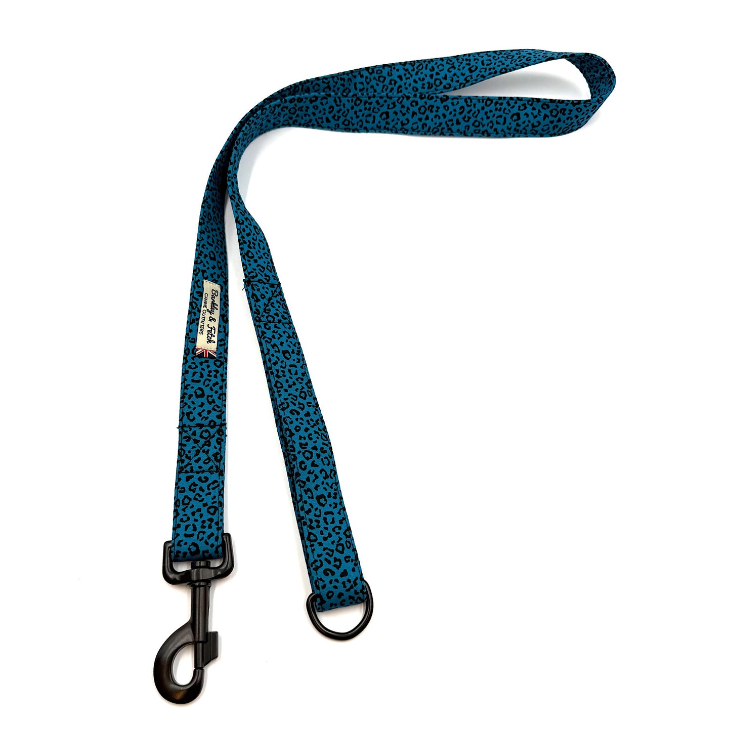 Blue patterned dog leash with a black clip on a white background