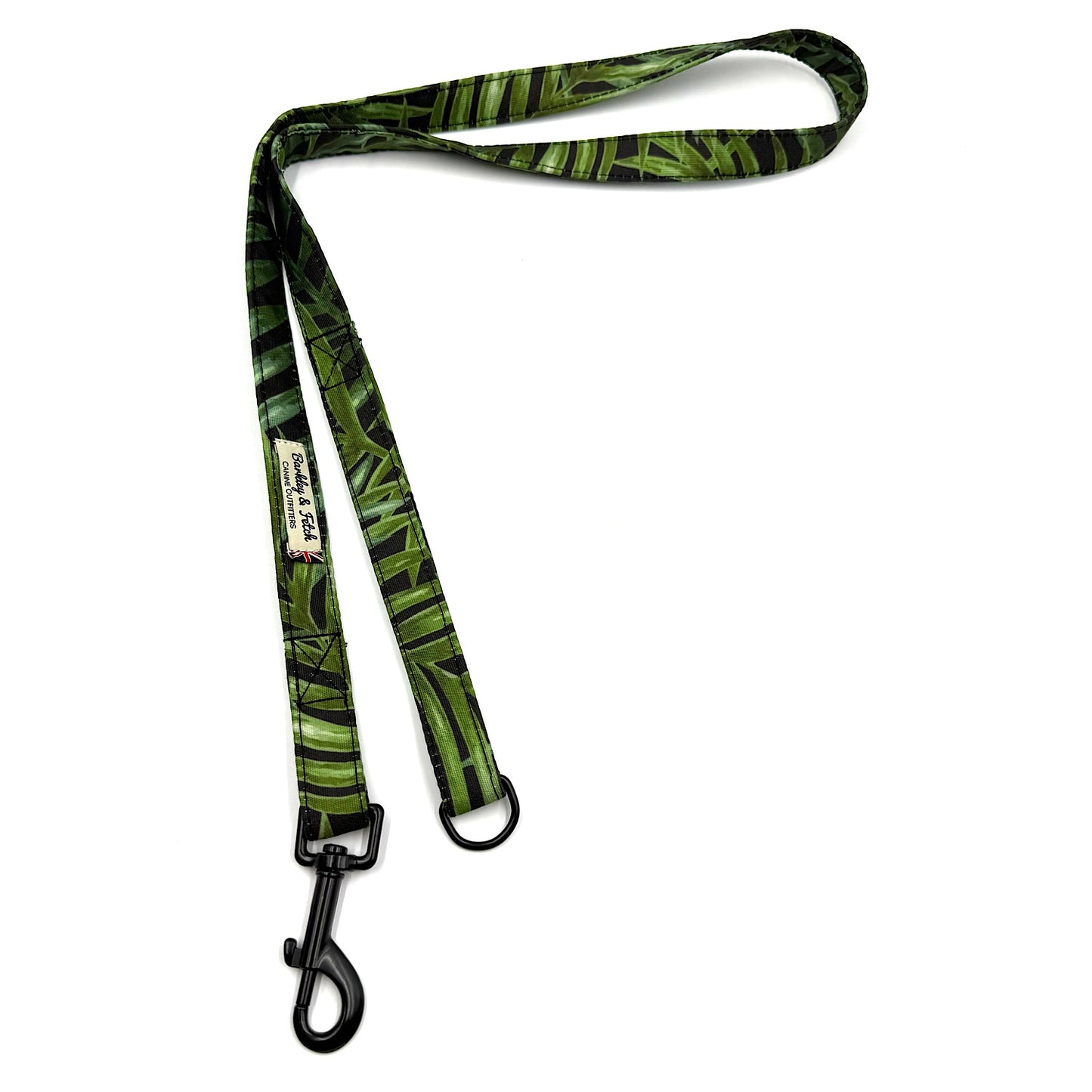 Green patterned dog leash with a black clip on a white background