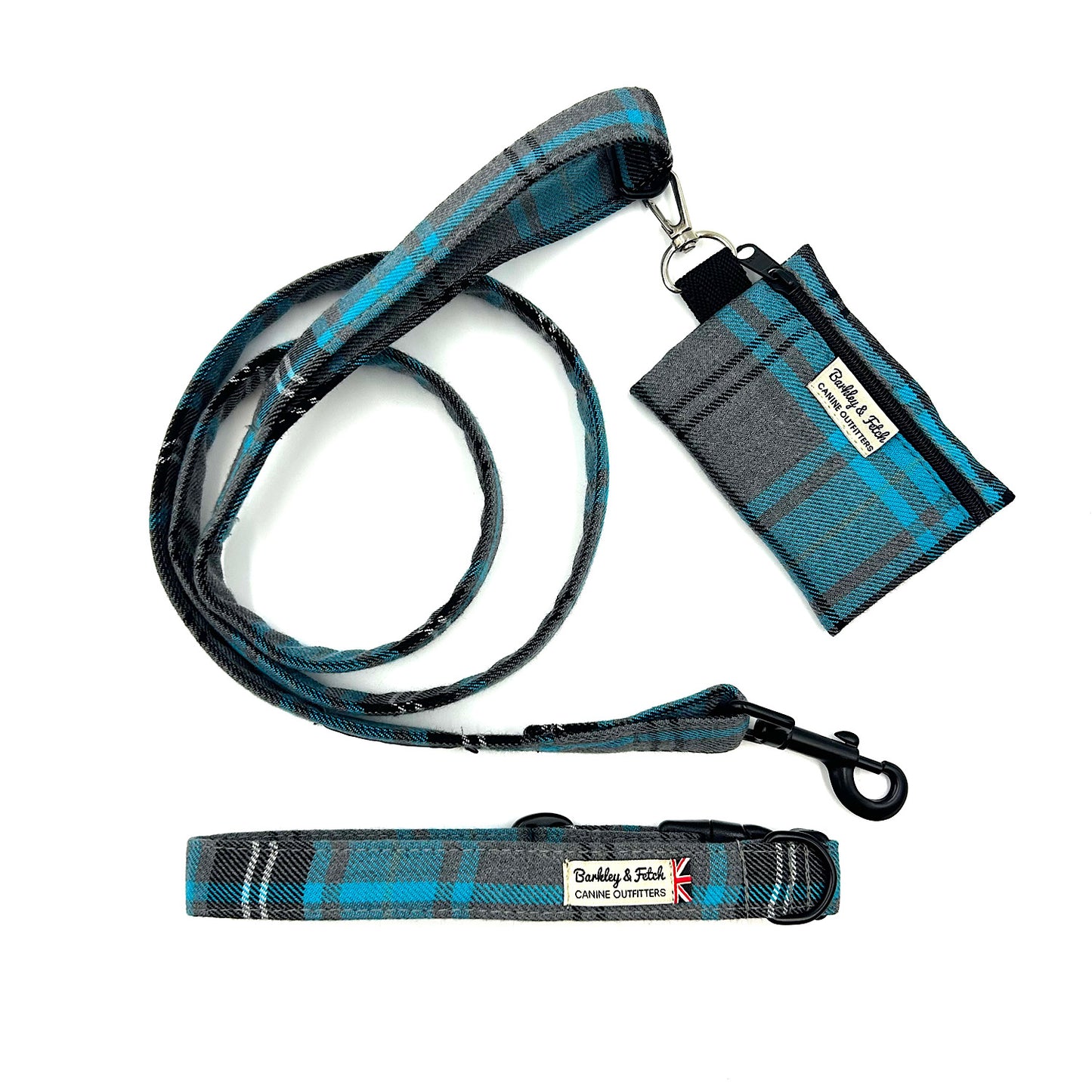 Handmade turquoise and grey dog accessories including collar, lead and poo bag on a white background