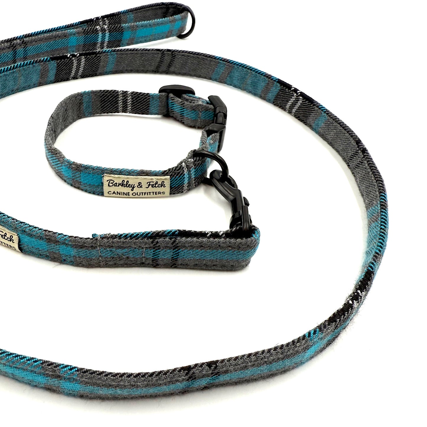 Plaid dog collar and leash set with Barkley & Fetch branding on a white background