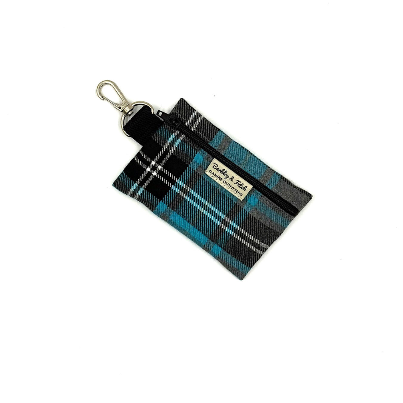 Plaid pouch with keychain attachment on a white background