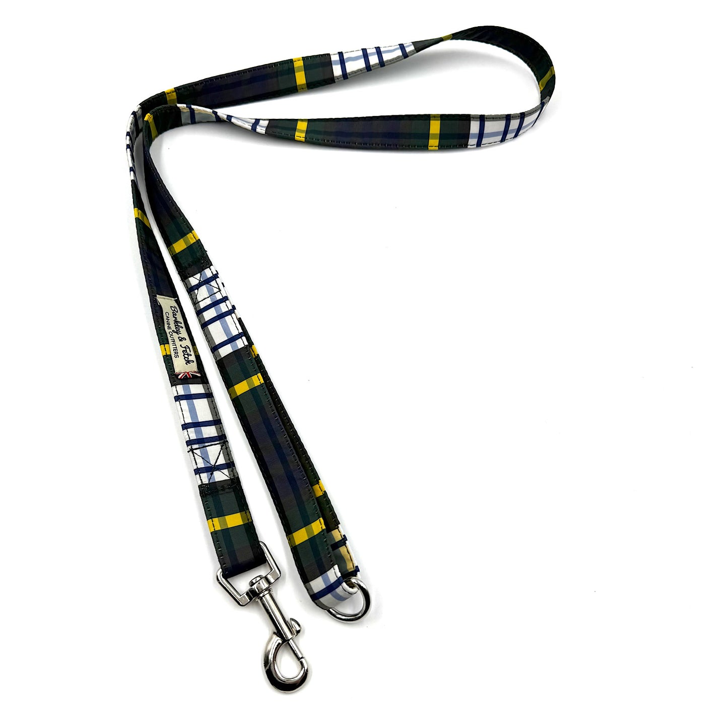 Plaid patterned dog leash with metal clip on a white background