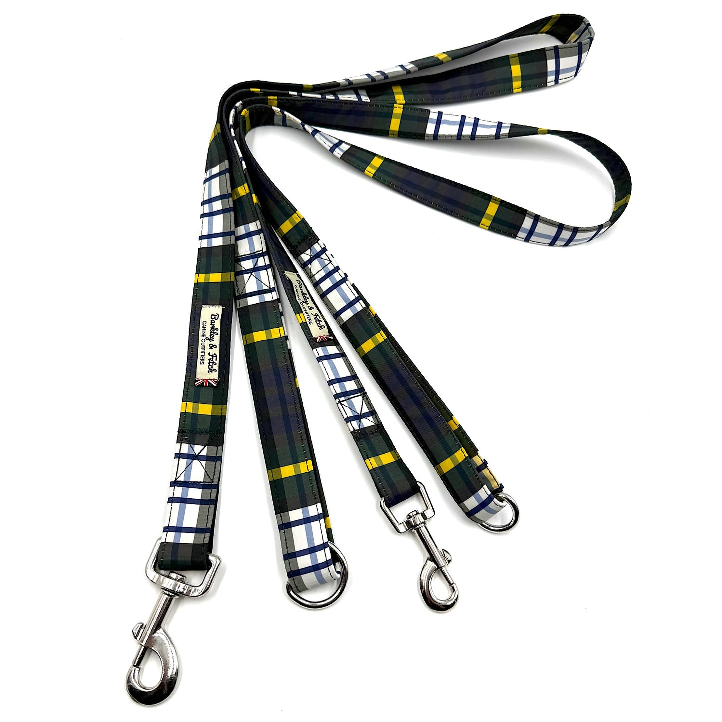 Plaid dog leash with metal clips on a white background