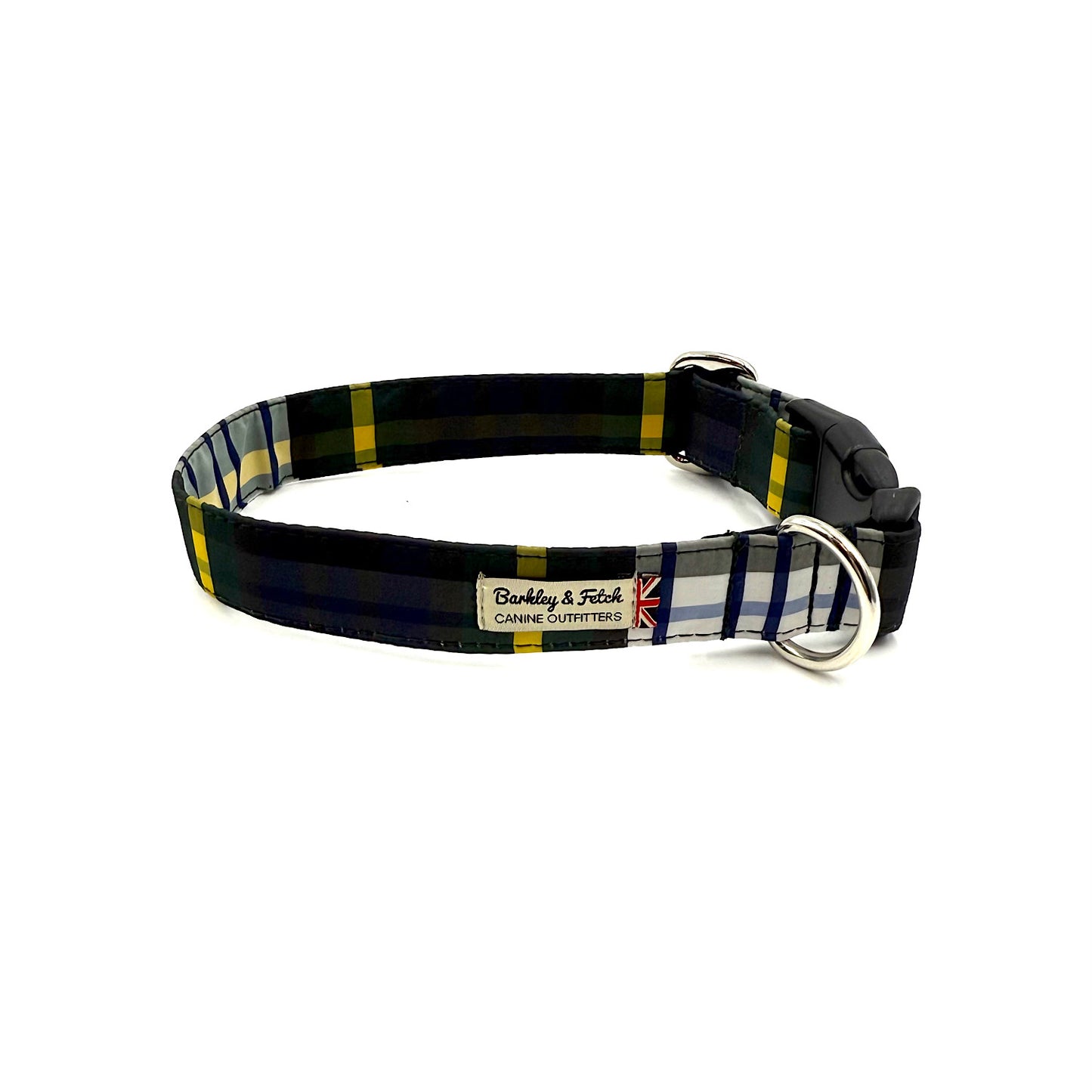 Plaid dog collar with a visible brand label on a white background