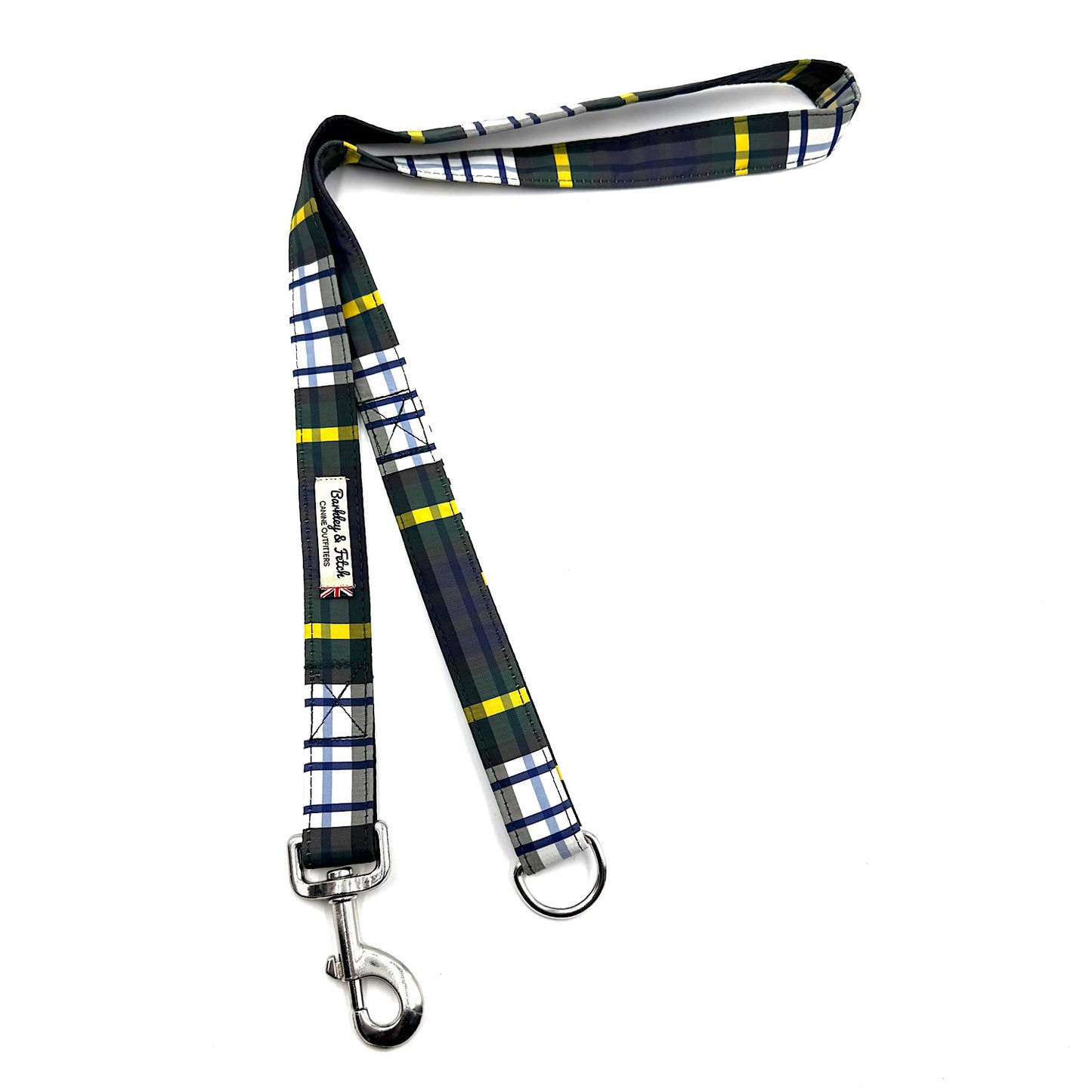 Plaid dog leash with metal clip on a white background