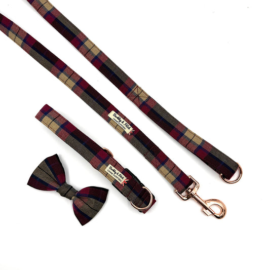 Plaid dog leash and bow tie set on a white background
