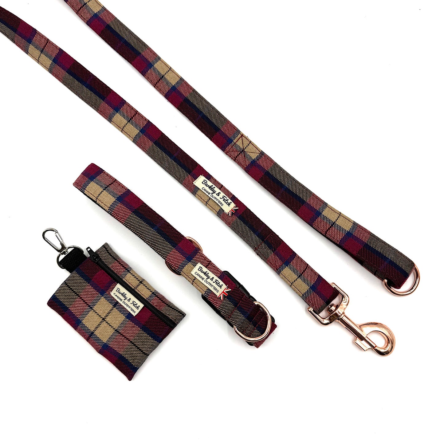Plaid dog leash collar and matching pouch on a white background