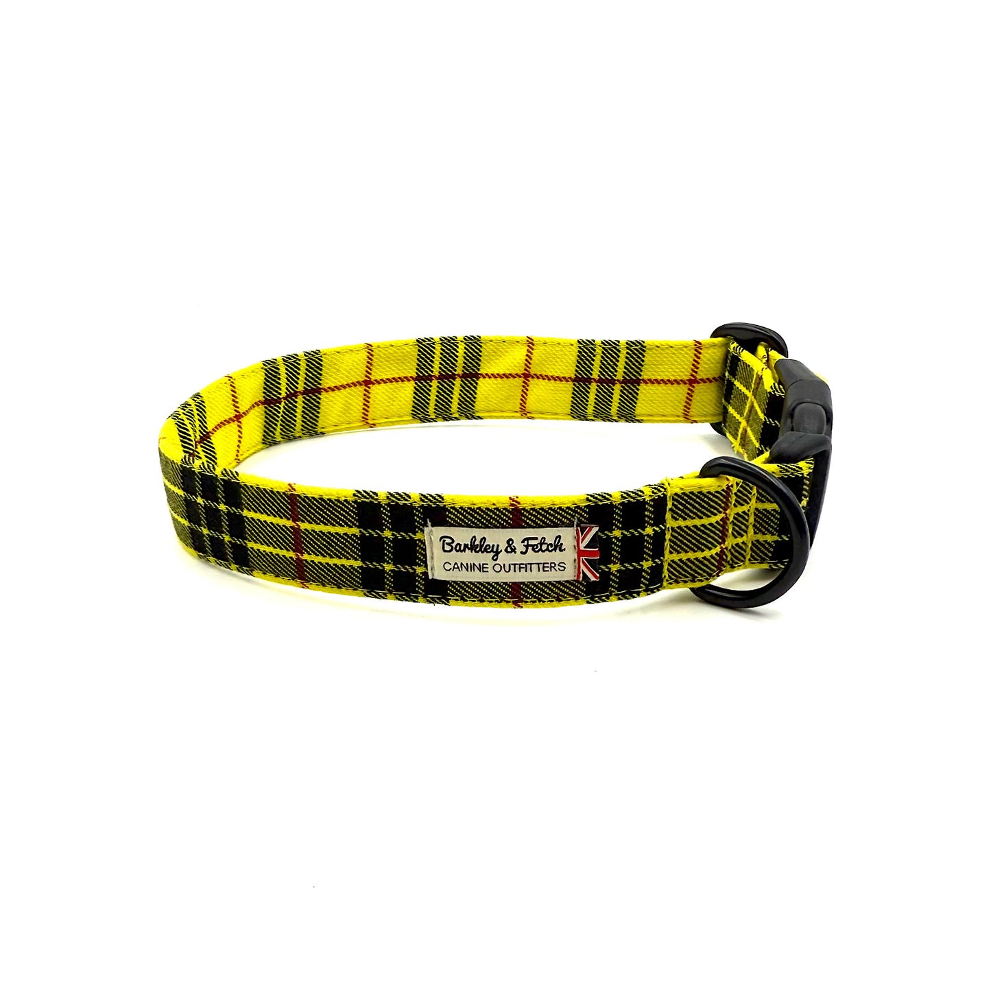 Yellow and black plaid dog collar with a visible brand label on a white background