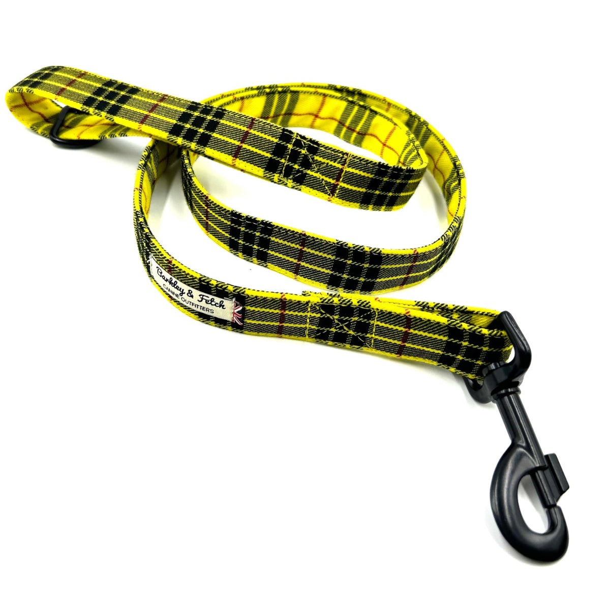 Yellow and black plaid dog leash with a clip on a white background handmade in the UK by Barkley And Fetch
