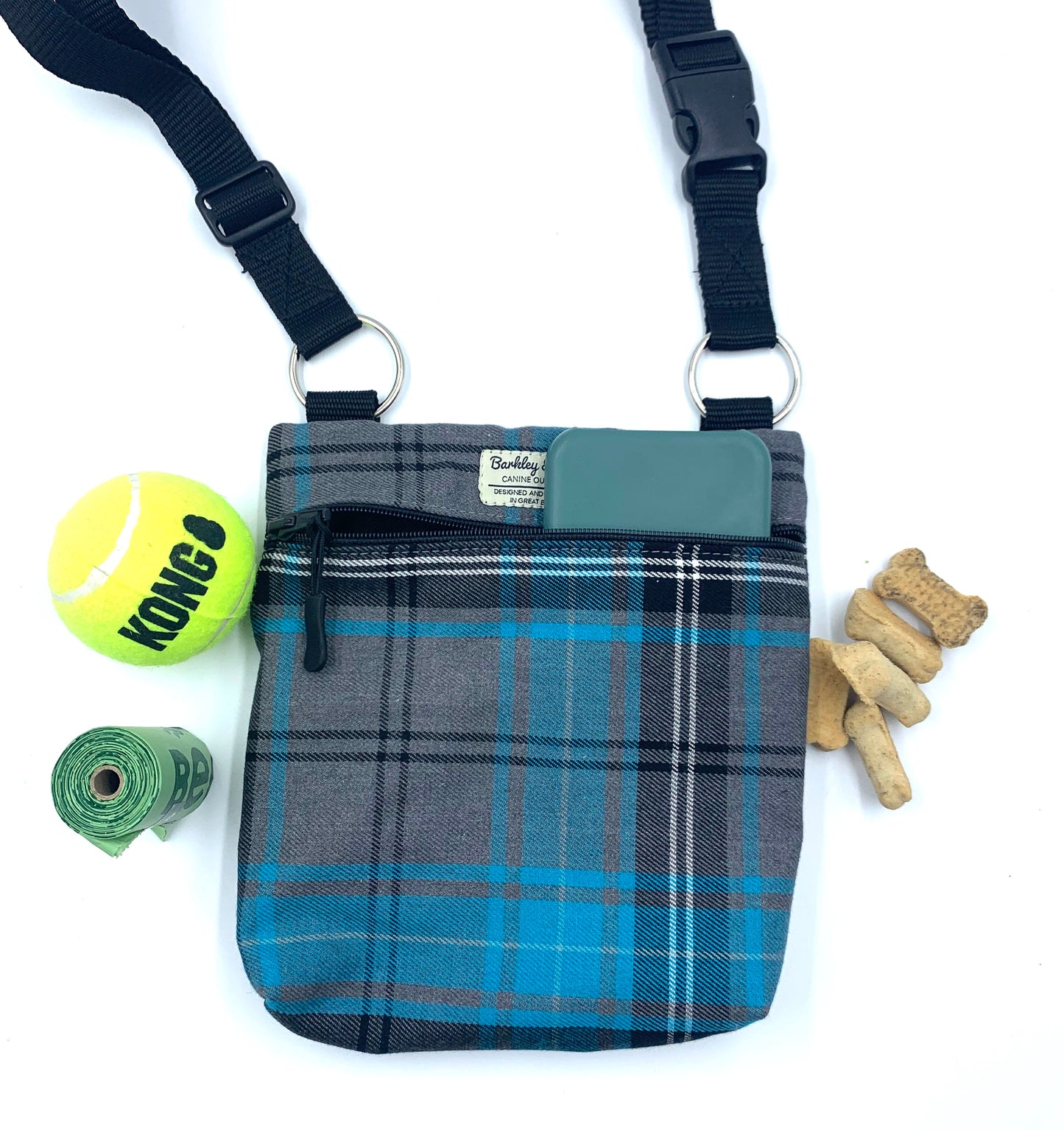 Turquoise and Grey Tartan Dog Walk and Treat Bag