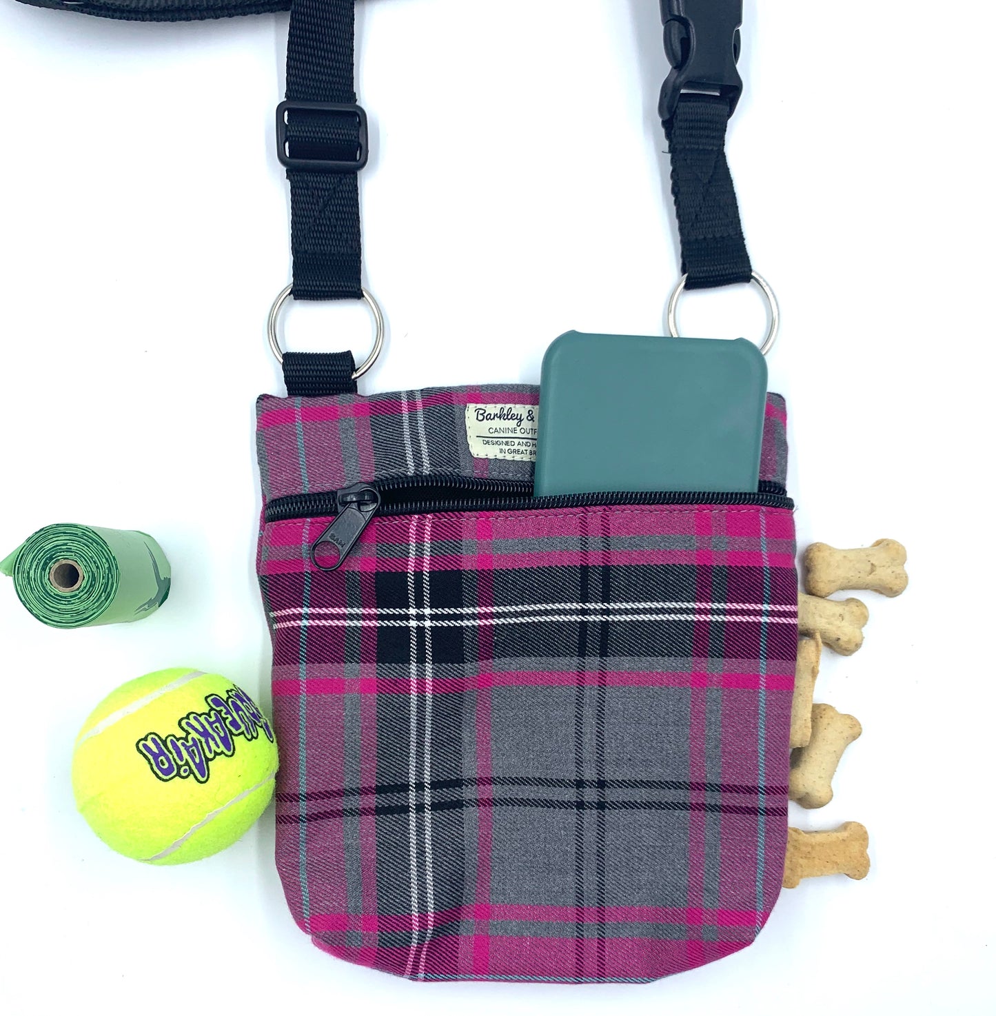 Pink & Grey Tartan Dog Walk and Treat Bag