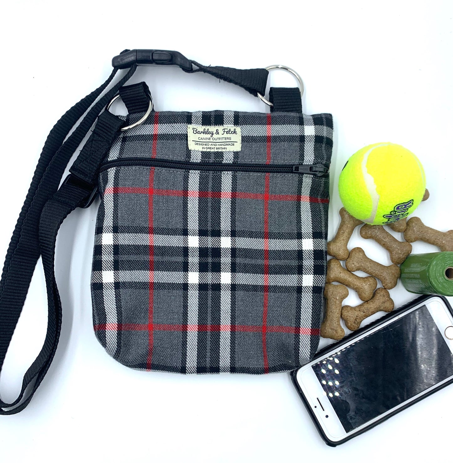 Grey/White Tartan Dog Walk and Treat Bag