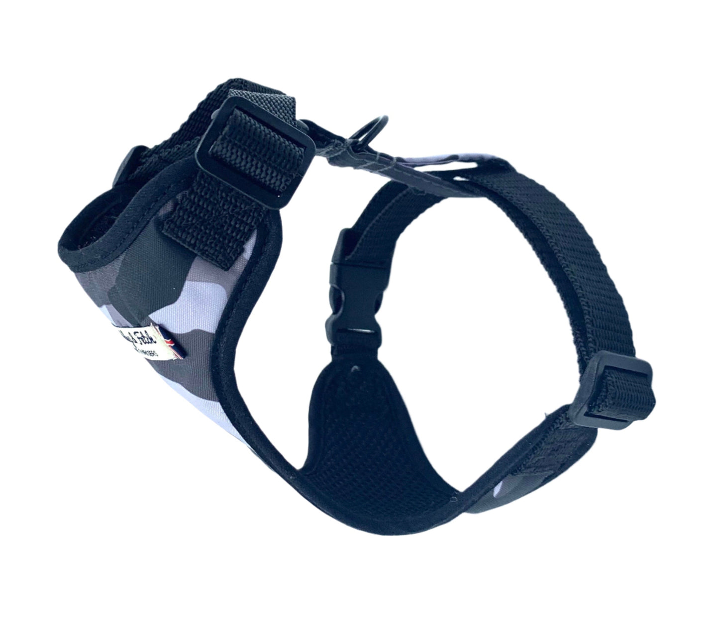 Black dog harness with camouflage padding on a white background
