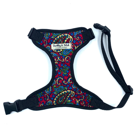 A Cherry Paisley print corduroy dog harness with adjustable straps and a side release buckle.