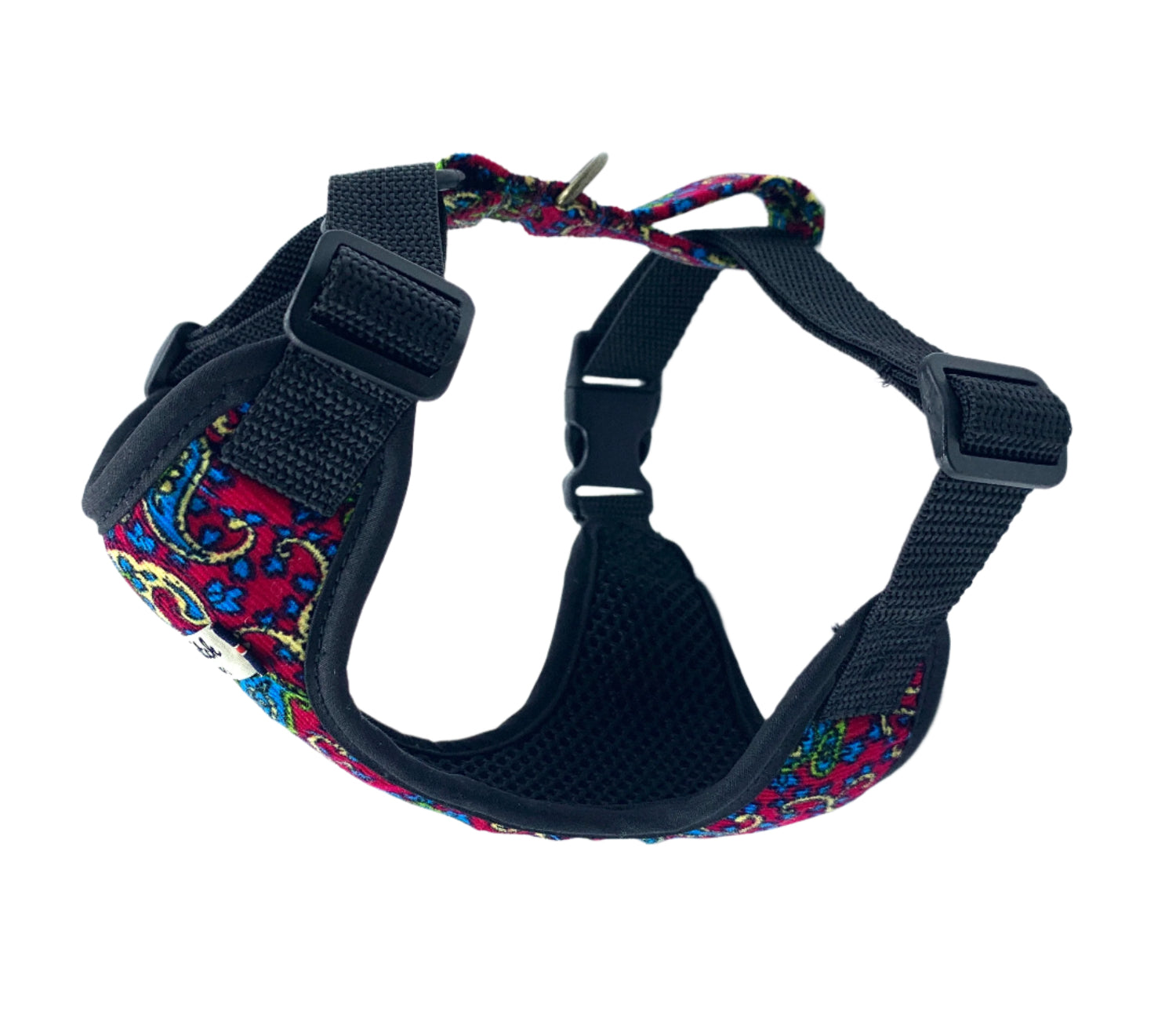 Dog harness with colorful paisley pattern on a white background