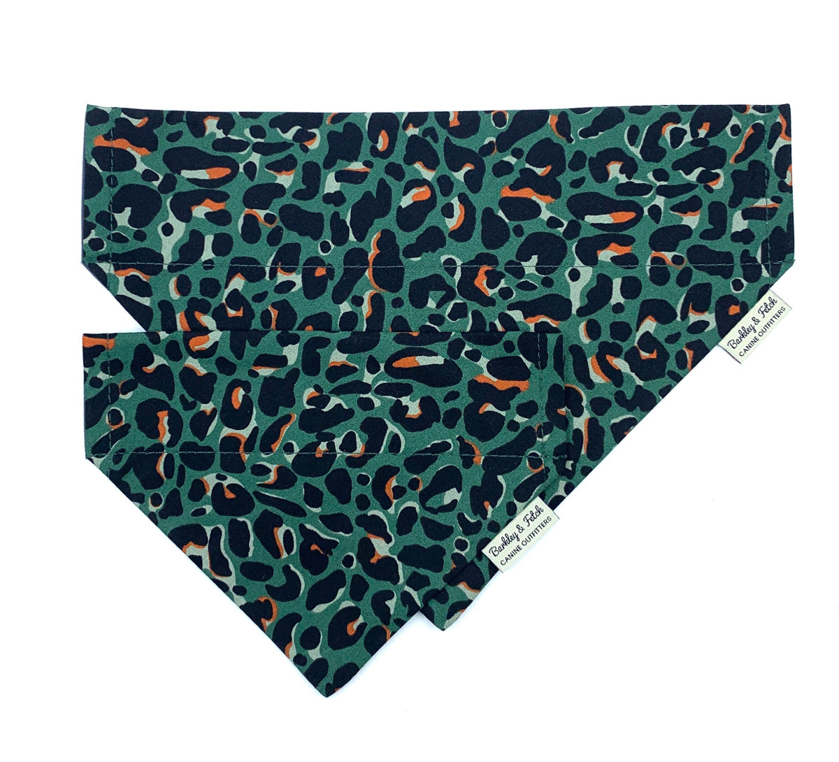 Two green leopard print bandanas on a white background