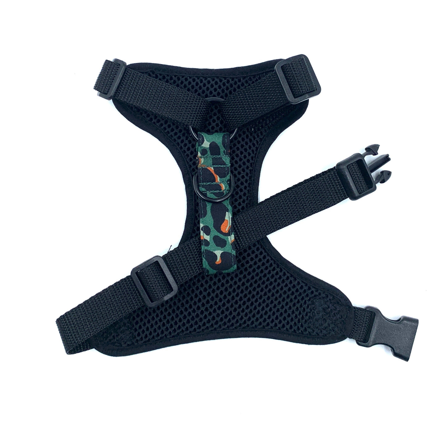 dog harness on a white background with black straps handmade in the UK by Barkley And Fetch