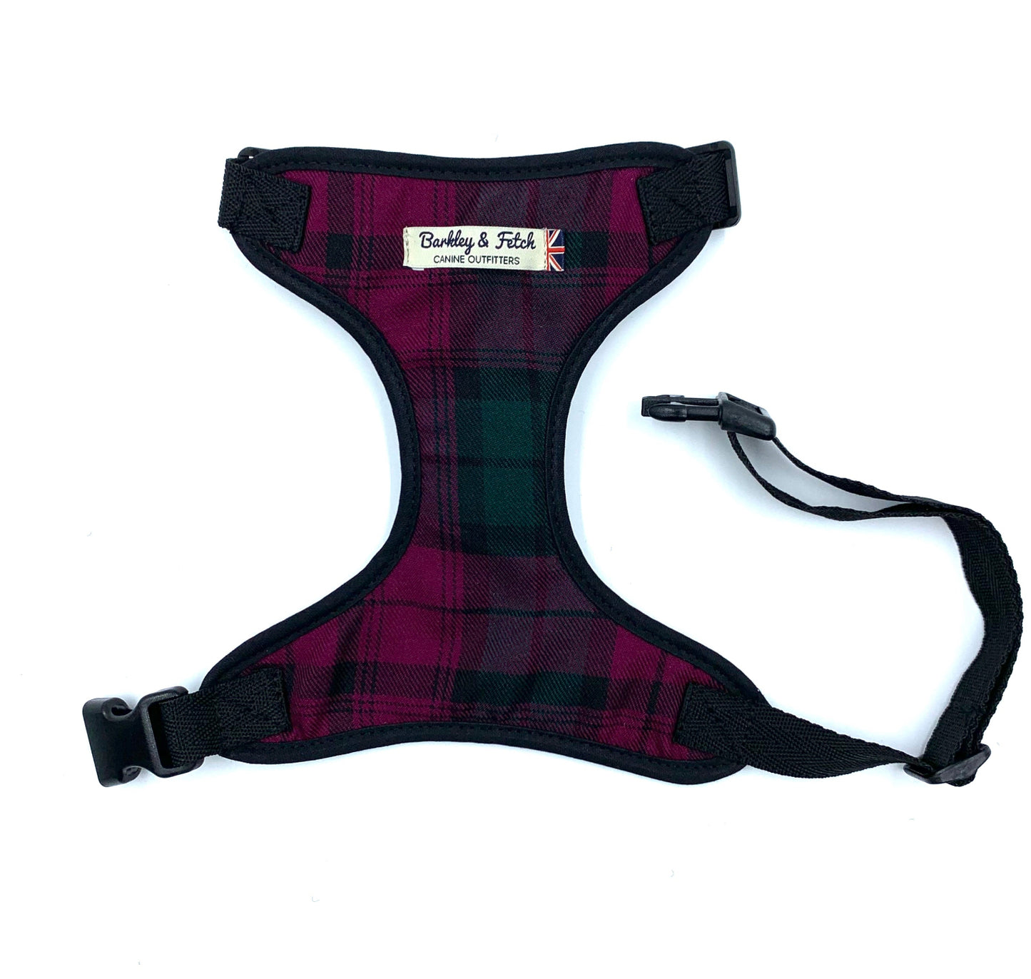 A Mulberry Tartan Dog Harness with a label showing the brand name 'Dandy & Digs'. The harness is displayed against a white background.