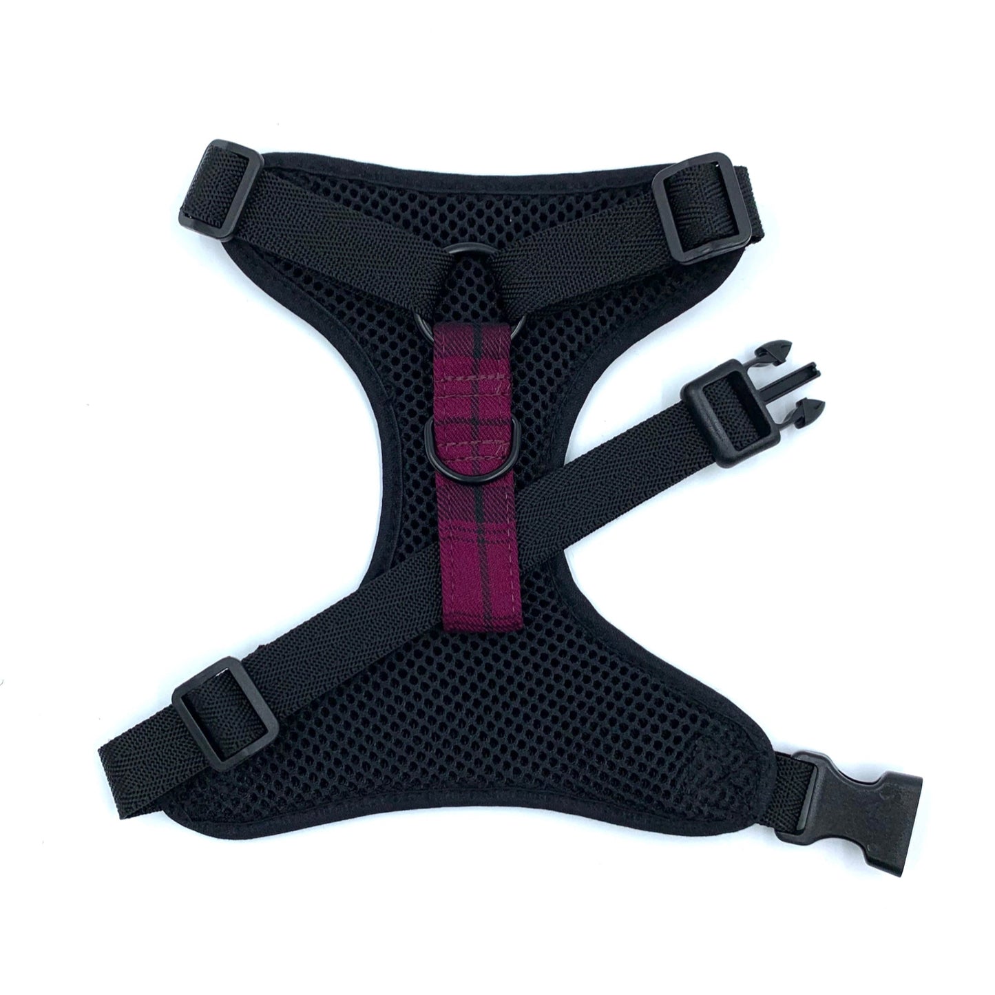Black dog harness with a red buckle on a white background