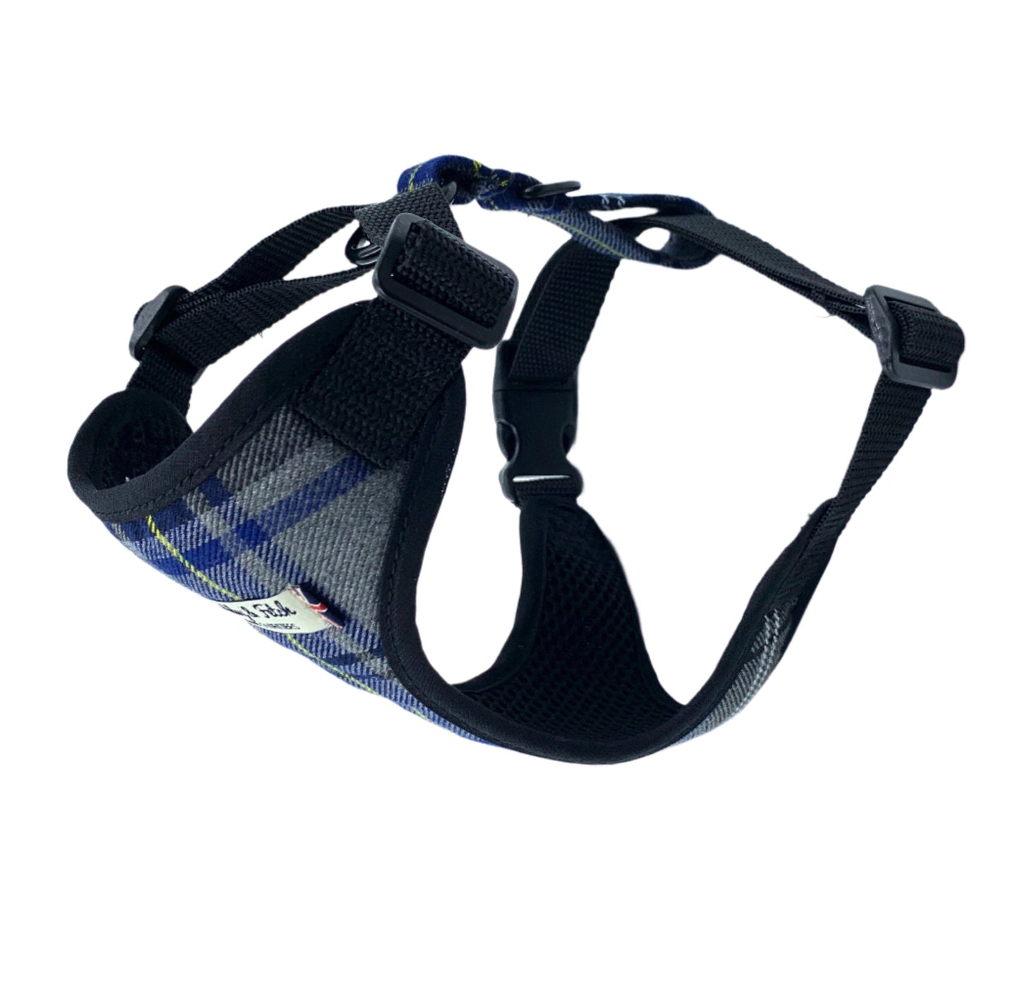 Black and blue plaid dog harness on a white background