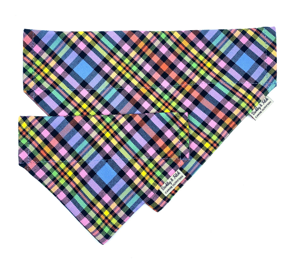 Colorful plaid patterned product on a white background