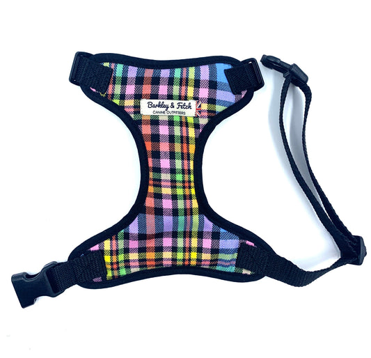A dog harness with a pastel rainbow check pattern, featuring adjustable straps and a metal d-ring.