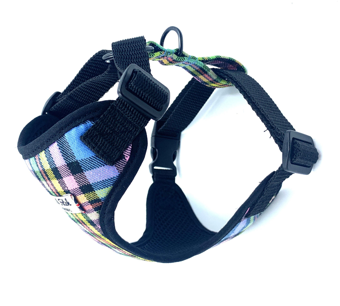 Dog harness with plaid pattern on a white background