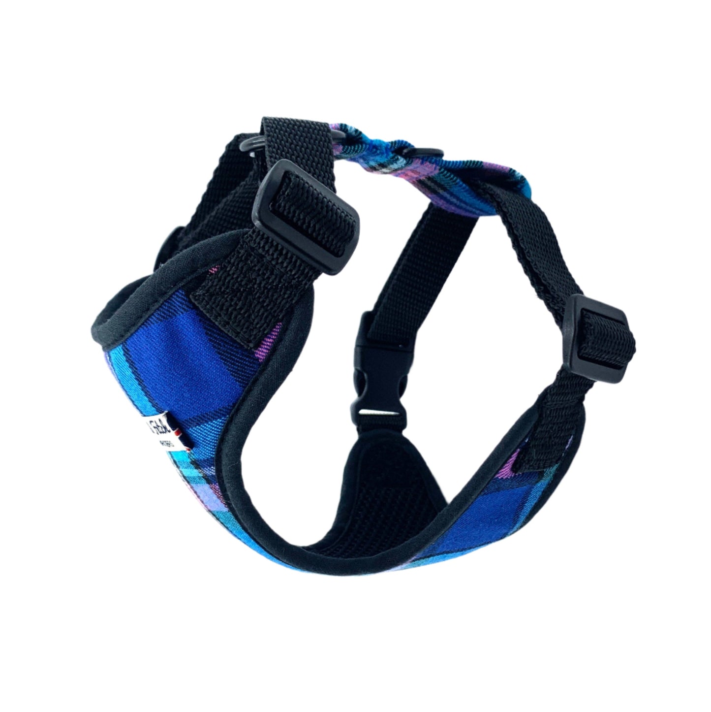 Blue and black dog harness on a white background